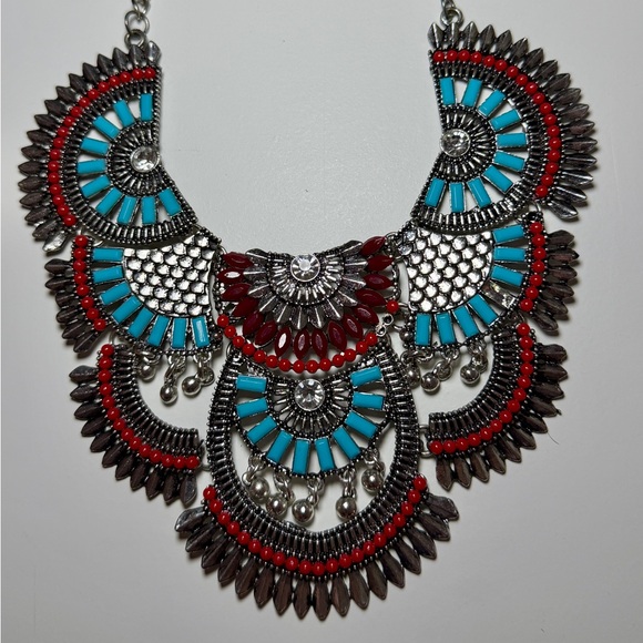 Statement Boho Tribal Bib Necklace – Turquoise & Red Beaded Silver-Tone - Picture 2 of 4
